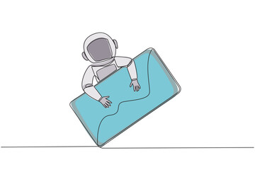 Poster - Single continuous line drawing young energetic astronaut hugging handphone. Learn everything about the outer space galaxy from the mobile screen. Cosmonaut. Cosmic. One line design vector illustration