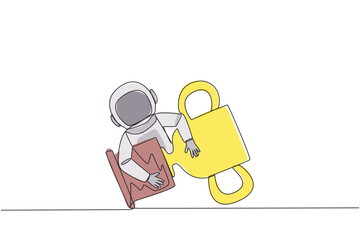 Poster - Single one line drawing young energetic astronaut hugging trophy. Received an award trophy for the success of running an expedition on the surface of moon. Continuous line design graphic illustration