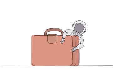 Poster - Single one line drawing astronaut hugging briefcase. Preparations on earth to conduct research in outer space. Cosmic galaxy space. Cosmonaut deep space. Continuous line design graphic illustration
