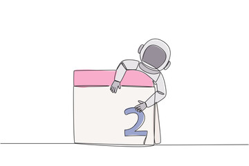 Poster - Single continuous line drawing astronaut hugging desk calendar and giving code to the number two. Having meaning would be his second expedition. Galaxy outer space. One line design vector illustration