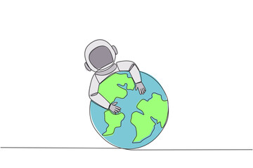 Poster - Continuous one line drawing young energetic astronaut hugging globe. Homesick metaphor. Space man cosmic galaxy concept. Cosmonaut outer space. Galactic. Single line draw design vector illustration