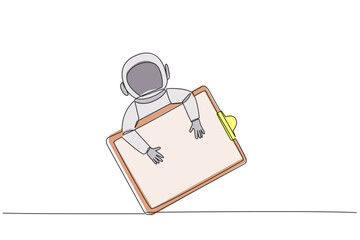 Poster - single continuous line drawing young energetic astronaut hugging clipboard. keep records of what has