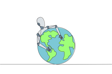 Poster - Continuous one line drawing robot hugging globe. Robots rule the world. Everything is technology. Artificial intelligence. Future technology development. Single line draw design vector illustration