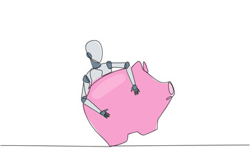 Poster - Single continuous line drawing robot hugging piggy bank. Securing future piggy banks from breaking. Safety robots. Future technology development concept. AI tech. One line design vector illustration