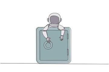 Poster - Continuous one line drawing young energetic astronaut hugging safe deposit box. The expedition database is kept in the safest place. Cosmonaut galaxy space. Single line draw design vector illustration