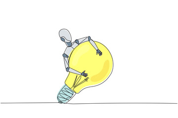 Poster - Single continuous line drawing robot hugging lightbulb. Has the idea to make robot that has human-like characteristics. Machine learning process. Future technology. One line design vector illustration