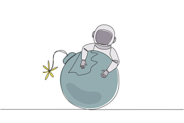 Poster - single one line drawing young energetic astronaut hugging large bomb with a burning fuse. trying to 