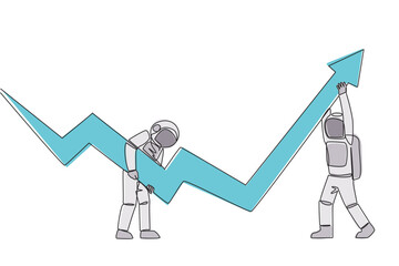 Poster - single one line drawing two astronauts holding a large arrow chart. with their teamwork they hope th