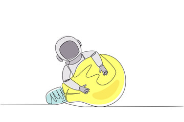 Poster - Single continuous line drawing astronaut hugging lightbulb. Astronaut build the first data-processing robot to facilitate search for water and ice on lunar surface. One line design vector illustration