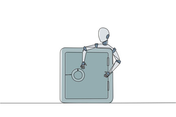 Poster - Single one line drawing robotic hugging safe deposit box. Adding layer to make it more secure. Encrypt data. Future technology development concept. AI tech. Continuous line design graphic illustration