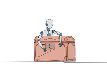 Poster - Single continuous line drawing robotic hugging treasure chest. Scans were carried out to determine how antique the objects were inside. Future technology concept. One line design vector illustration