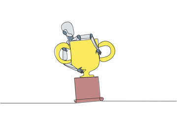 Poster - Single one line drawing robotic hugging trophy. The winner of soft engineering is an intelligent robot. Technology artificial intelligence. Future tech. Continuous line design graphic illustration