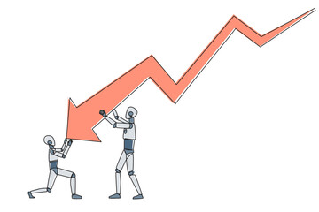 Poster - Continuous one line drawing two robots holding large arrow charts swooping down. One of the robots holding the end. Team work so the arrow can go back up. Single line draw design vector illustration