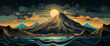 gorgeous background drawing mountain volcano lake sea moon stars sky orange blue brown black clouds night jagged landscape beautiful powerful nature banner peaks glowing light spirals lines chocolate