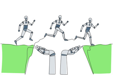 Poster - Single continuous line drawing three robots running through a cliff that has hole in the middle but is supported by large robot hand. Do teamwork towards better direction. One line vector illustration