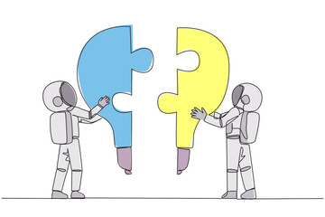 Poster - Single continuous line drawing two astronauts holding up two lightbulb-shaped puzzle pieces. Metaphors elevate and unite brilliant ideas. Deep space teamwork. One line design vector illustration