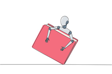 Poster - Continuous one line drawing robot hugging book. Read, add insight, increase knowledge. Like humans. Humanoid artificial intelligence. Future tech concept. Single line draw design vector illustration
