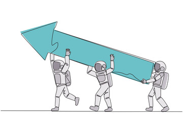 Poster - Single one line drawing three astronauts raised the big arrow together. With teamwork making graphics can improve. Deep space astronaut concept. Cosmonaut. Continuous line design graphic illustration