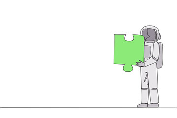 Poster - continuous one line drawing young energetic astronaut holding a puzzle piece. looking for other for 