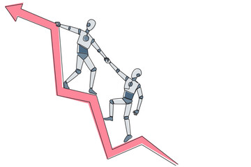 Poster - continuous one line drawing robot pulls the arm of another robot that fell from graphic arrow. team 