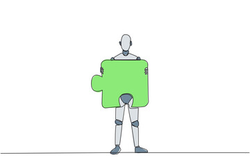Poster - Single continuous line drawing robotic artificial intelligence brought puzzle piece and placed it in front of chest. Teamwork brings one piece each. Future tech. One line design vector illustration