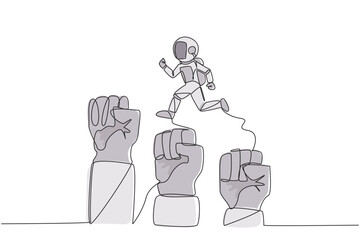 Poster - Single one line drawing astronaut running leaping over three large clenched fists. Teamwork managed to get through the bigger challenges. Cosmonaut. Cosmic. Continuous line design graphic illustration