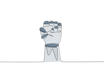 Poster - Single one line drawing the robot's big clenched fist. Invites teamwork to increase arrows. Resistance symbol. Technology artificial intelligence concept. Continuous line design graphic illustration