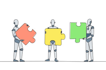 Poster - Single one line drawing three robots each carrying three puzzle pieces. Teamwork of robots putting the puzzle together. Artificial intelligence development. Continuous line design graphic illustration