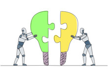 Single One Line Drawing Two Robot Pushing Two Lightbulb-shaped Puzzle Pieces. Metaphor Brings Together Two Ideas. Teamwork Of Two Future Robots. AI Tech. Continuous Line Design Graphic Illustration