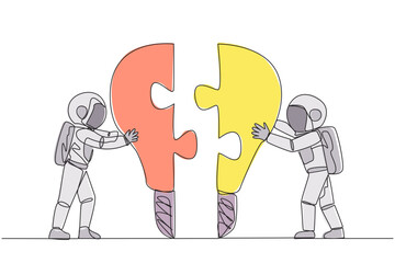 Poster - Single continuous line drawing two astronauts pushing two lightbulb-shaped puzzle pieces. Metaphor brings together two ideas. Teamwork of two astronauts. Cosmonaut. One line design vector illustration