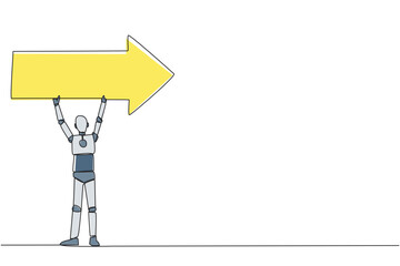Poster - Single continuous line drawing robotic artificial intelligence together raised the arrow above head. Electronic technology. Future technology development concept. One line design vector illustration