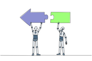 Poster - Single continuous line drawing two robots working together carrying a directional arrow puzzle. Metaphors equate ideas. Robots doing teamwork. Future technology. One line design vector illustration