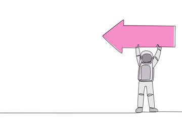 Poster - Single one line drawing young energetic astronaut lift the arrow-shaped puzzle. Teamwork by telling the direction where the spacecraft lands. Cosmonaut. Continuous line design graphic illustration
