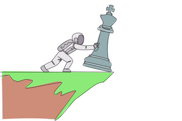 Poster - single one line drawing astronaut pushes giant chess piece of king over the edge of a cliff. lost le
