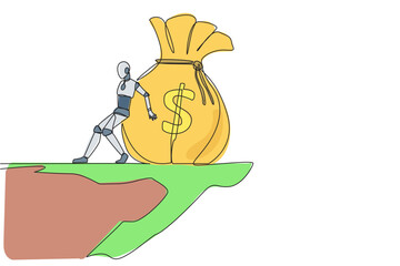 Poster - Single continuous line drawing robot pushes the large money bag down with its back from the edge of cliff. Rich robots spending money. Future technology concept. One line design vector illustration