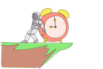 Poster - single continuous line drawing astronaut pushed a giant alarm clock down with his back from the edge