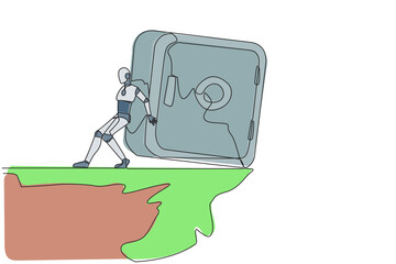 Poster - single one line drawing the robot pushes a large safe deposit box down on its back from the edge of 