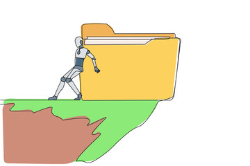 Poster - Continuous one line drawing robot pushes a large folder down on its back from the edge of cliff. Smart robot creation archive. Future technology concept. Single line draw design vector illustration