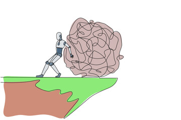 Poster - Single continuous line drawing robot pushes a tangled circle giant down from the edge of cliff. Drop excess anxiety. Future technology development concept. AI tech. One line design vector illustration