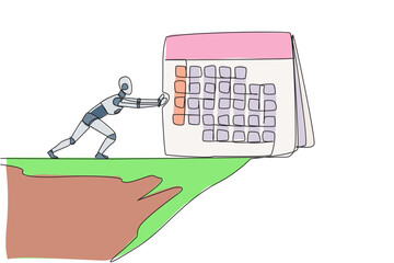 Poster - continuous one line drawing robot pushes a giant desk calendar down from the edge of cliff. many tri