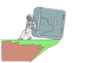 Poster - Continuous one line drawing astronaut pushed giant safe deposit box down with his back from the edge of the cliff. Cosmonaut deep space. Galaxy concept. Single line draw design vector illustration