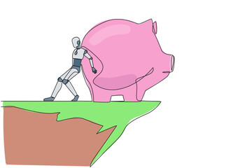 Poster - Single one line drawing robot pushes a giant piggy bank down from the edge of cliff. Wasting money. Future technology development. Artificial intelligence. Continuous line design graphic illustration