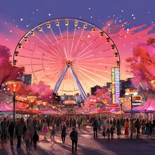 Amusement Park With Ferris Wheel At Night In Paris, France