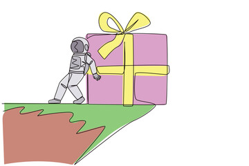Poster - Continuous one line drawing astronaut pushed giant gift box down with his back from the edge of the cliff. Cosmic galaxy space concept. Spaceman. Cosmonaut. Single line draw design vector illustration