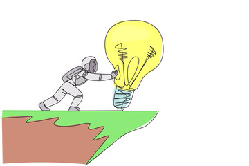 Poster - single continuous line drawing astronaut pushes a large lightbulb over the edge of a cliff. dropping