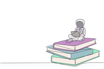 Poster - Single one line drawing young energetic astronaut sitting on stack of giant books typing laptop. Expedition problem in the database. Galaxy cosmic outer space. Continuous line graphic illustration