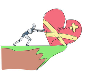 Poster - single continuous line drawing robot pushes the symbol of giant broken heart from the edge of the cl