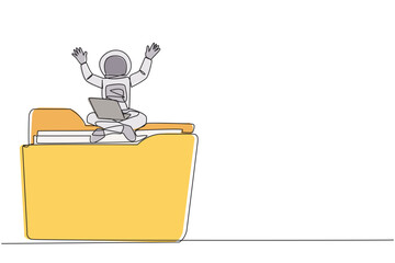 Poster - Single one line drawing young energetic astronaut sitting on giant folder holding laptop raise both hands. Delight in the success of fixing the broken expedition data. Continuous line design graphic
