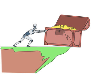 Poster - Continuous one line drawing robot pushes open giant treasure chest down from the edge of the cliff. Robot isn't greedy. Future robotic development concept. Single line draw design vector illustration