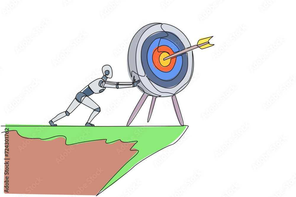 Single one line drawing robot pushes the large arrow board target from ...